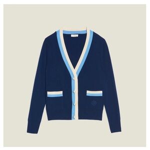Sandro Paris Designer Clotilidr Marine Wool Cashmere Colorblock Cardigan